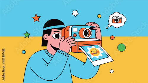 Modern flat vector illustration of a photographer using an instant camera, ideal for retro photography concepts, creative hobbies, and playful visual content