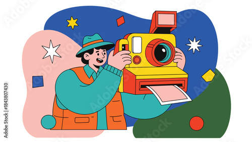 Modern flat vector illustration of a photographer using an instant camera, ideal for retro photography concepts, creative hobbies, and playful visual content