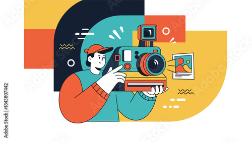 Modern flat vector illustration of a photographer using an instant camera, ideal for retro photography concepts, creative hobbies, and playful visual content