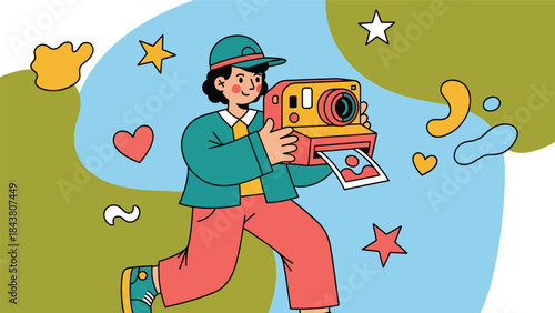Modern flat vector illustration of a photographer using an instant camera, ideal for retro photography concepts, creative hobbies, and playful visual content