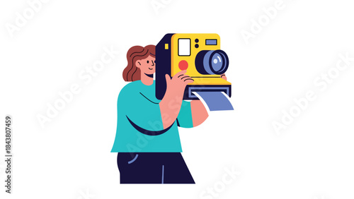 Modern flat vector illustration of a photographer using an instant camera, ideal for retro photography concepts, creative hobbies, and playful visual content