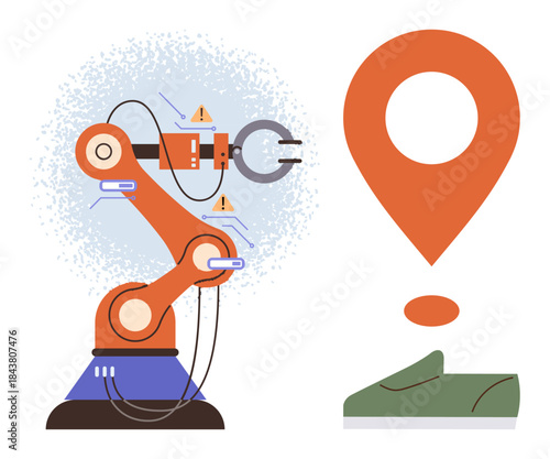 Orange robotic arm assembling green shoe, geolocation marker highlighting automation. Ideal for manufacturing, technology, robotics, logistics, AI, innovation smart industries. Modern simple flat