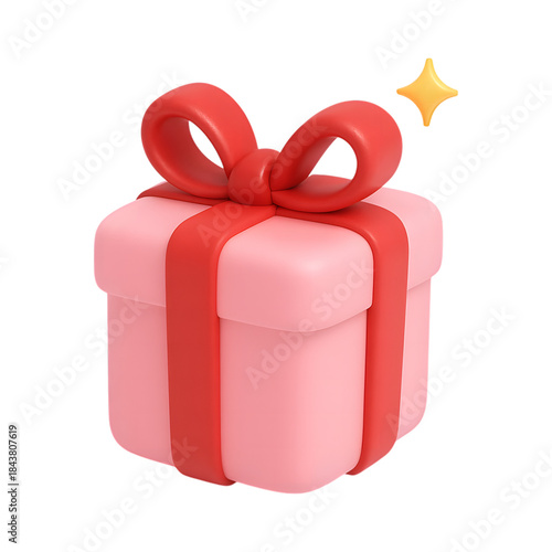 A charming 3d pink gift box with a festive red ribbon and bow, sparkling with joy isolated on transparent background, illustration