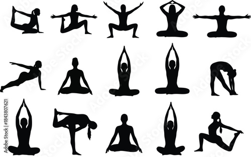 Collection of silhouettes representing various yoga poses and asanas