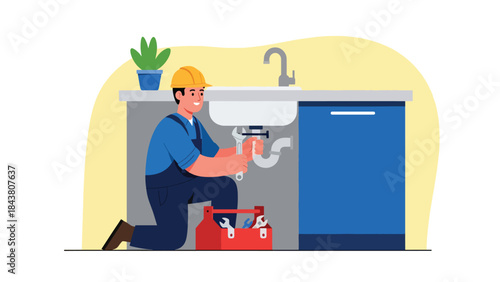 Modern flat vector illustration of a repairman fixing a leaking kitchen sink, ideal for home service websites, plumbing ads, maintenance guides, and repair business branding