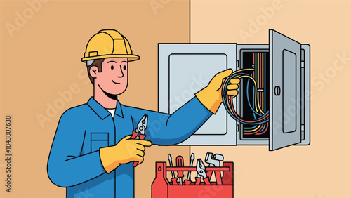 Flat vector illustration of an electrician repairman installing and repairing electrical wiring, ideal for electrical services, safety guides, home maintenance visuals, and technical branding