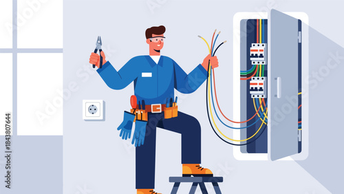 Flat vector illustration of an electrician repairman installing and repairing electrical wiring, ideal for electrical services, safety guides, home maintenance visuals, and technical branding
