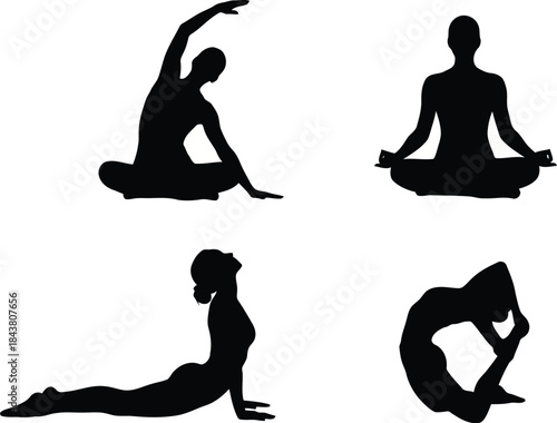 Set of four yoga poses silhouettes for meditation, stretching, and fitness practice