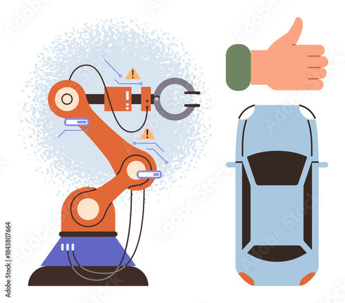 Robotic arm interacting with car accompanied by a thumbs-up gesture, symbolizing efficient production. Ideal for manufacturing, automation, technology, industry, quality control, innovation, simple