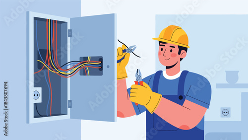 Flat vector illustration of an electrician repairman installing and repairing electrical wiring, ideal for electrical services, safety guides, home maintenance visuals, and technical branding