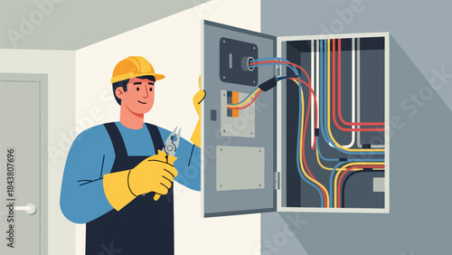 Flat vector illustration of an electrician repairman installing and repairing electrical wiring, ideal for electrical services, safety guides, home maintenance visuals, and technical branding