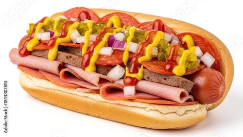 Gourmet hot dog loaded with various toppings including ham, pepperoni, onions, pickles, ketchup, and mustard on a white background.
