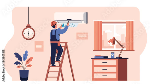 Modern flat vector illustration of a repairman fixing an air conditioner unit on a ladder, ideal for HVAC services, home maintenance ads, and appliance repair promotions