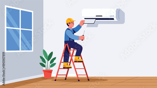 Modern flat vector illustration of a repairman fixing an air conditioner unit on a ladder, ideal for HVAC services, home maintenance ads, and appliance repair promotions