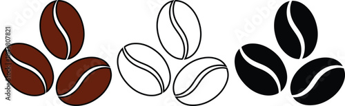 Three sets of coffee beans in brown black and white colors arranged in a row brown beans