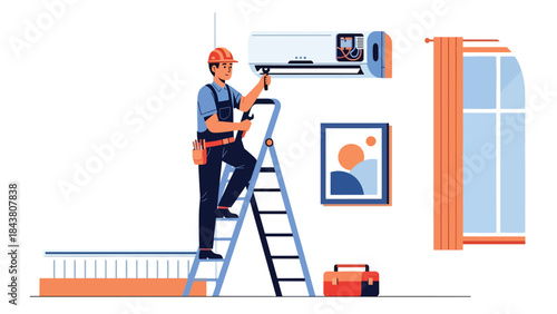 Modern flat vector illustration of a repairman fixing an air conditioner unit on a ladder, ideal for HVAC services, home maintenance ads, and appliance repair promotions