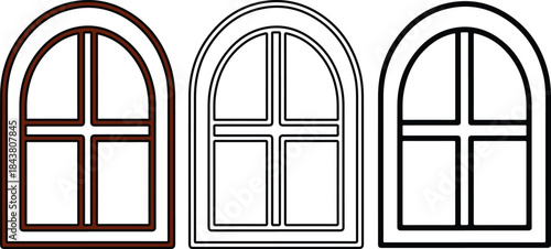 Three arched windows with brown black and gray frames and panes brown frame black frame