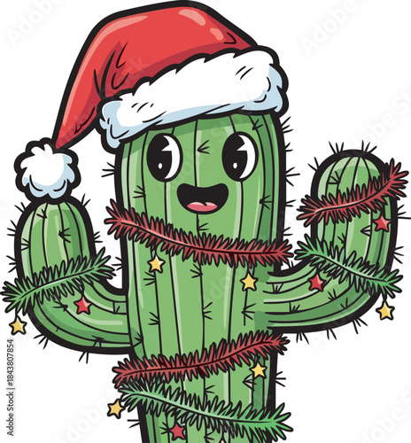 Cheerful Cactus Wearing Santa Hat and Holiday Decor