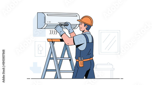 Modern flat vector illustration of a repairman fixing an air conditioner unit on a ladder, ideal for HVAC services, home maintenance ads, and appliance repair promotions