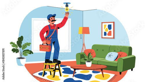 Flat vector illustration of a repairman replacing a ceiling light bulb, ideal for home maintenance graphics, electrical safety content, service brochures, and repair tutorials