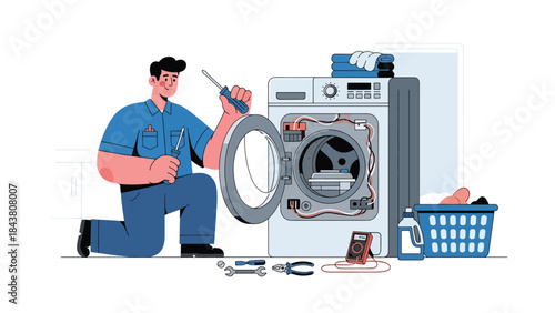 Modern flat vector illustration of a repairman repairing a washing machine with open panel, ideal for appliance repair services, maintenance ads, and home service visuals