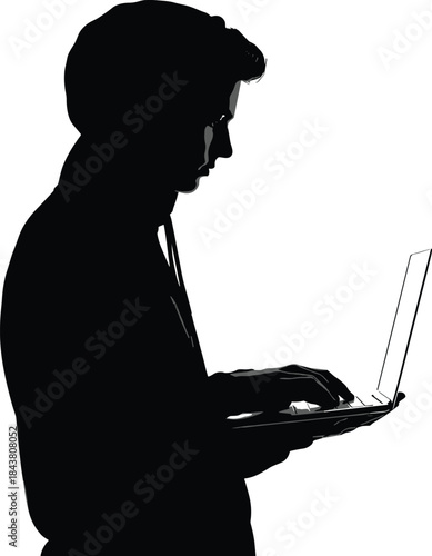 Silhouette of person using laptop, standing posture, digital work, remote job, technology concept, black figure, white background, focus