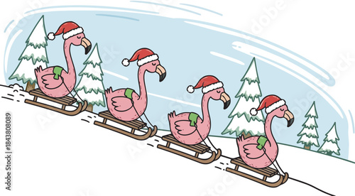 Flamingos Sledding in Winter Wonderland with Santa Hats