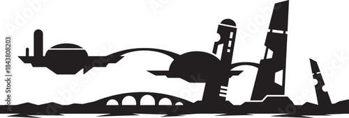 Abstract futuristic city silhouette with unique floating structures and arched bridges