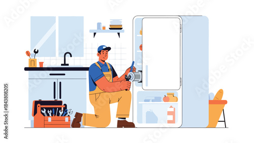 Flat vector illustration of a repairman fixing a refrigerator motor, ideal for appliance repair businesses, technical manuals, service advertisements, and home maintenance designs