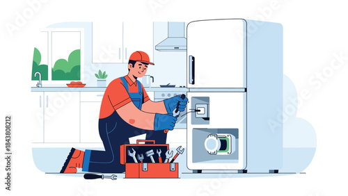 Flat vector illustration of a repairman fixing a refrigerator motor, ideal for appliance repair businesses, technical manuals, service advertisements, and home maintenance designs