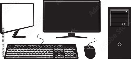 Modern desktop computer system with monitor keyboard and mouse silhouette