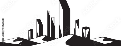 Abstract geometric desert skyline silhouette with futuristic buildings and sand dunes