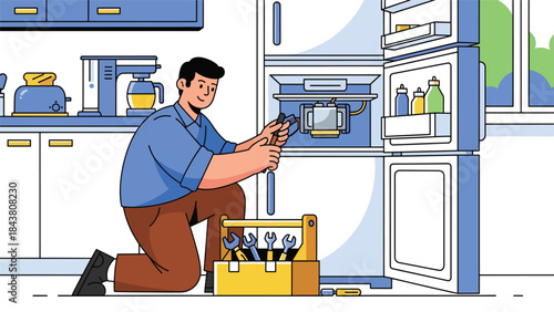 Flat vector illustration of a repairman fixing a refrigerator motor, ideal for appliance repair businesses, technical manuals, service advertisements, and home maintenance designs