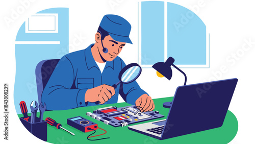 Modern flat vector illustration of a repairman fixing a laptop motherboard at a desk, ideal for electronics repair services, tech support visuals, and IT maintenance content
