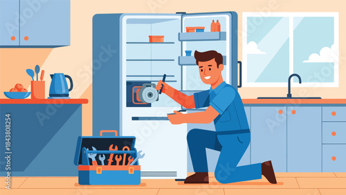 Flat vector illustration of a repairman fixing a refrigerator motor, ideal for appliance repair businesses, technical manuals, service advertisements, and home maintenance designs