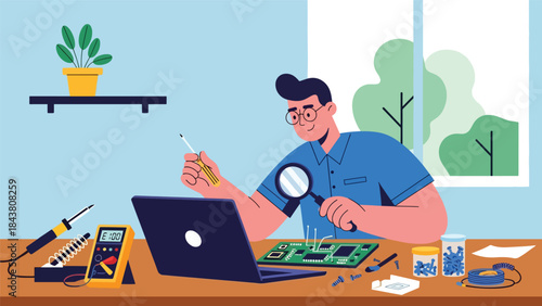 Modern flat vector illustration of a repairman fixing a laptop motherboard at a desk, ideal for electronics repair services, tech support visuals, and IT maintenance content
