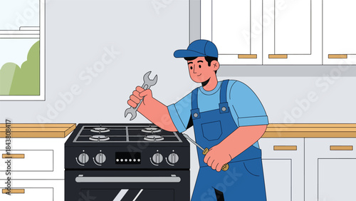 Flat vector illustration of a repairman repairing a home gas stove, ideal for kitchen appliance services, safety guides, maintenance brochures, and household repair visuals