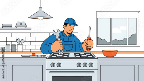 Flat vector illustration of a repairman repairing a home gas stove, ideal for kitchen appliance services, safety guides, maintenance brochures, and household repair visuals