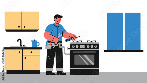 Flat vector illustration of a repairman repairing a home gas stove, ideal for kitchen appliance services, safety guides, maintenance brochures, and household repair visuals