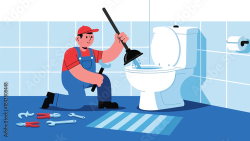 Modern flat vector illustration of a plumber unclogging a toilet with tools, ideal for plumbing services, emergency repair ads, home maintenance visuals, and service branding