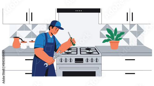 Flat vector illustration of a repairman repairing a home gas stove, ideal for kitchen appliance services, safety guides, maintenance brochures, and household repair visuals
