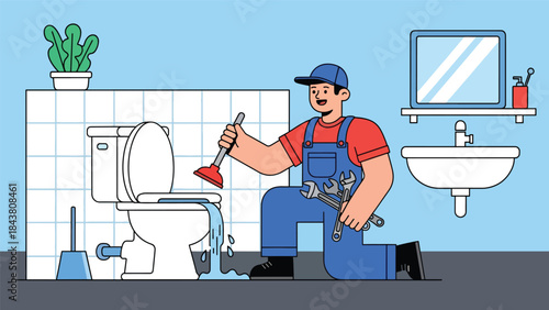 Modern flat vector illustration of a plumber unclogging a toilet with tools, ideal for plumbing services, emergency repair ads, home maintenance visuals, and service branding