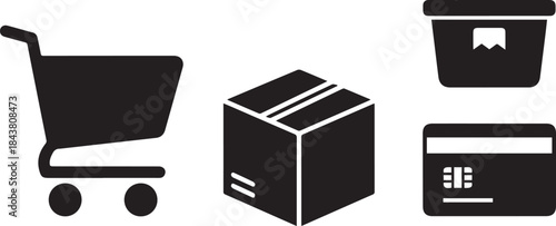E-commerce icons shopping cart box credit card and delivery container for online shopping and logistics