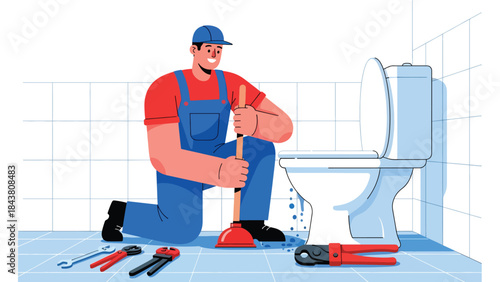 Modern flat vector illustration of a plumber unclogging a toilet with tools, ideal for plumbing services, emergency repair ads, home maintenance visuals, and service branding