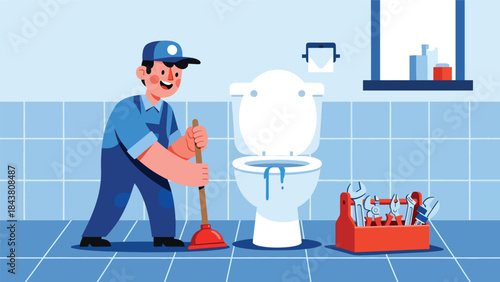Modern flat vector illustration of a plumber unclogging a toilet with tools, ideal for plumbing services, emergency repair ads, home maintenance visuals, and service branding