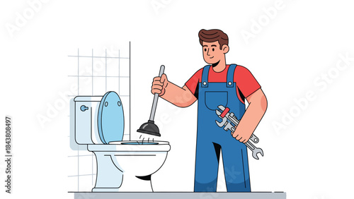 Modern flat vector illustration of a plumber unclogging a toilet with tools, ideal for plumbing services, emergency repair ads, home maintenance visuals, and service branding