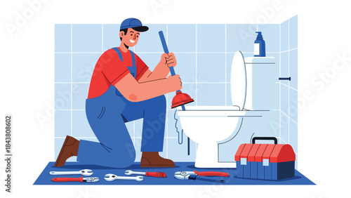 Modern flat vector illustration of a plumber unclogging a toilet with tools, ideal for plumbing services, emergency repair ads, home maintenance visuals, and service branding