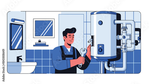 Flat vector illustration of a repairman inspecting and repairing a home water heater, ideal for plumbing services, maintenance guides, appliance repair ads, and service visuals