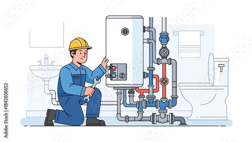Flat vector illustration of a repairman inspecting and repairing a home water heater, ideal for plumbing services, maintenance guides, appliance repair ads, and service visuals