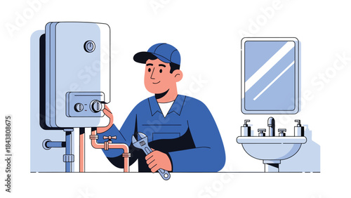 Flat vector illustration of a repairman inspecting and repairing a home water heater, ideal for plumbing services, maintenance guides, appliance repair ads, and service visuals
